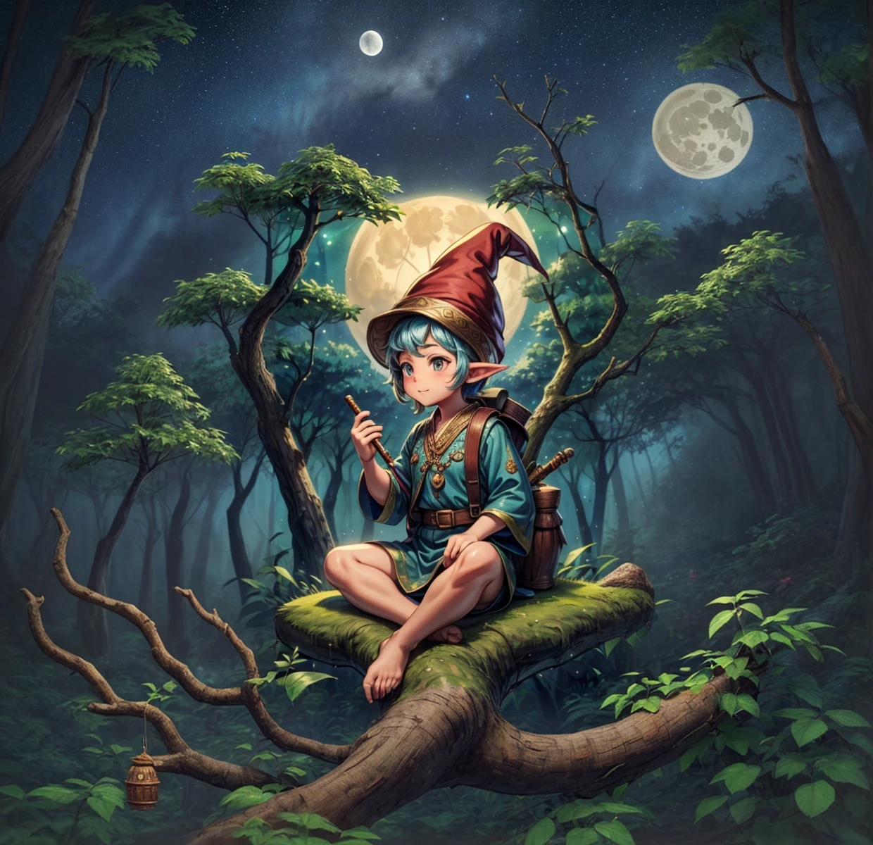 A gnome with a hat and traditional clothes sitting on the root of a leafy tree in the forest, playing a flute, the night with the full moon and the starry sky