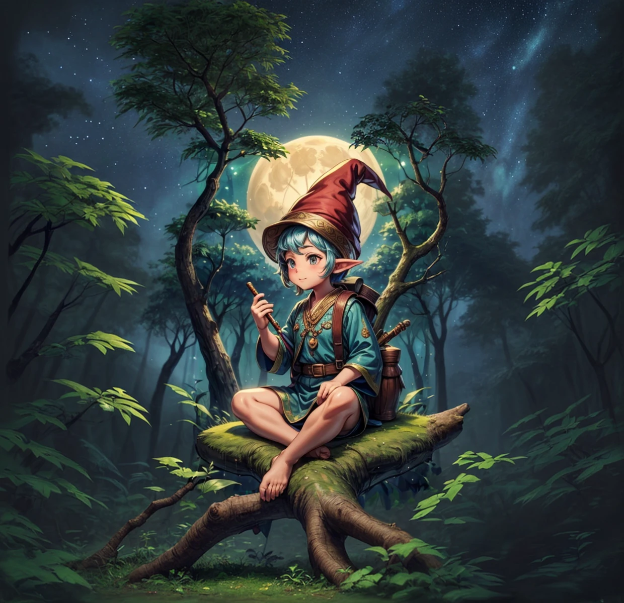 A gnome with a hat and traditional clothes sitting on the root of a leafy tree in the forest, playing a flute, the night with the full moon and the starry sky