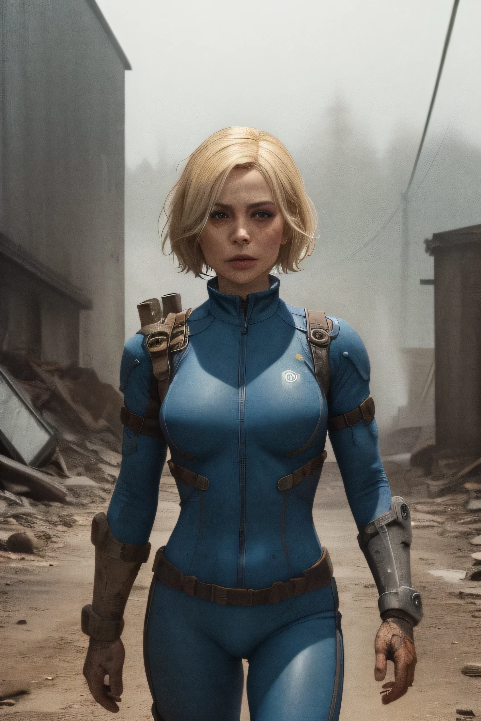 post-apocalypse, fog, (best quality, masterpiece, bokeh, highres), fallout 4, 1girl, blue vaultsuit, VaultGirl, blonde hair, narrowed eyes, short hair, without pipboy3000, leather armored, walking, closed mouth, lake, radiation symbol, upper body, running towards viewer, night, furrowed brow,
more grainy