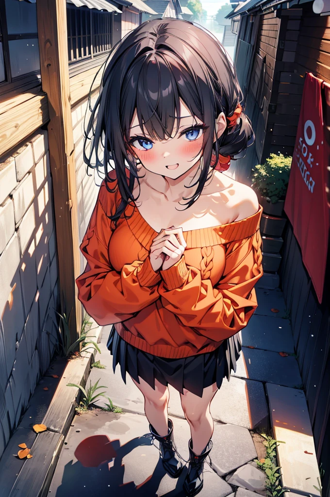 Rikka body, Affluent backstreets, Black Hair, blue eyes, Long Hair, orange Scrunchie, Scrunchie, wrist Scrunchie,happy smile, smile, Open your mouth,blush,Oversized red one-shoulder sweater,mini skirt,short boots,Walking,So that the whole body goes into the illustration,morning,morning陽,The sun is rising,
Destroy outdoors, Building district,
壊す looking at viewer, Systemic
break (masterpiece:1.2), Highest quality, High resolution, unity 8k wallpaper, (figure:0.8), (Beautiful attention to detail:1.6), Highly detailed face, Perfect lighting, Highly detailed CG, (Perfect hands, Perfect Anatomy),