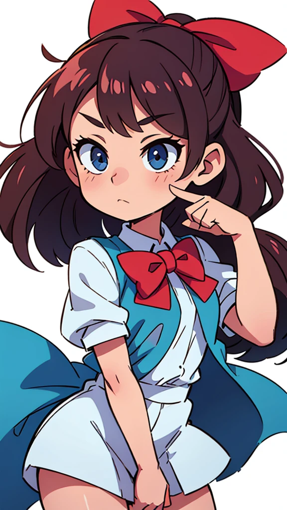 a  with a bow decorated in her hair on a white background