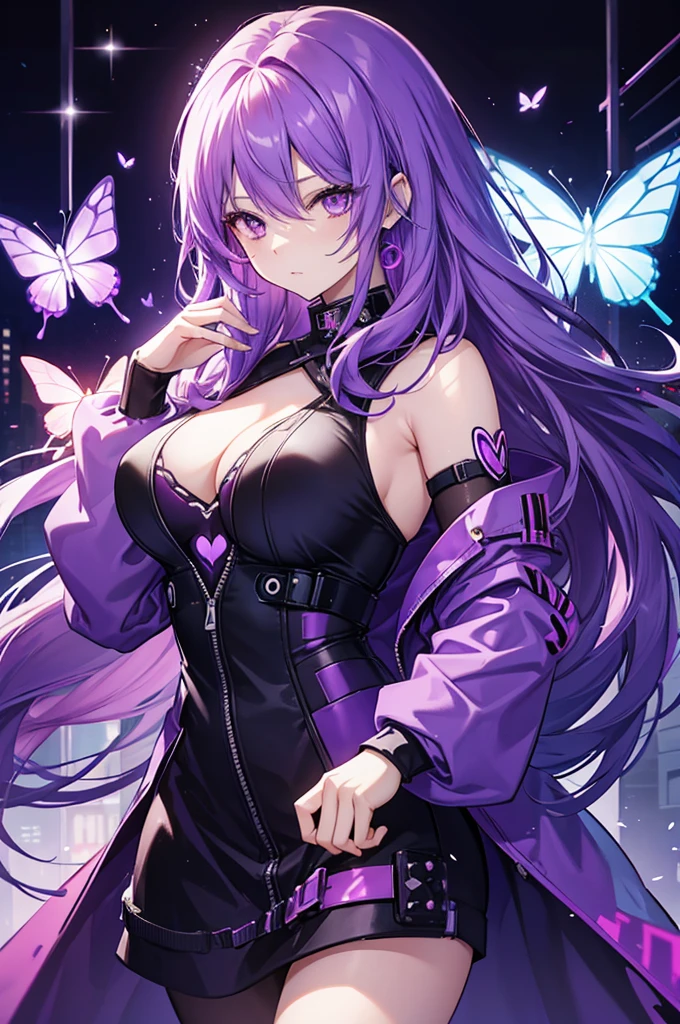 Create a manhwa-style illustration of an adult woman with long purple hair, wearing cyberpunk clothes. Behind her, there is a purple symbol of magic from which three translucent purple butterflies are emerging.