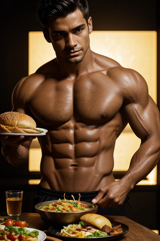 a hot man, detailed portrait, sensual expression, muscular body, chiseled features, intense gaze, glowing skin, dramatic lighting, high-contrast shadows, rich colors, glossy finish, photorealistic, 8k, masterpiece, highly detailed, cinematic composition, On a plate to eat with food, I wanted him to be part of the food, Change all the food for another more appetizing and tasty food