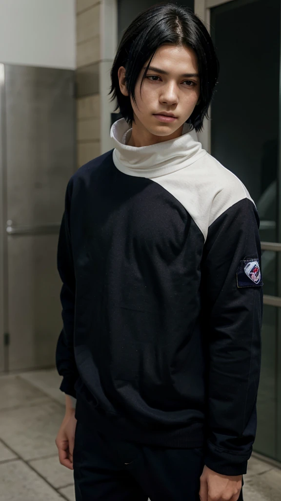 pretty young boy, 12 years old, black hair, dark blue high-neck loose clothing, white bermuda ; like  Sasuke Uchiha from naruto https://animecomics.com.br/animecomics/images/upload/409.jpg
