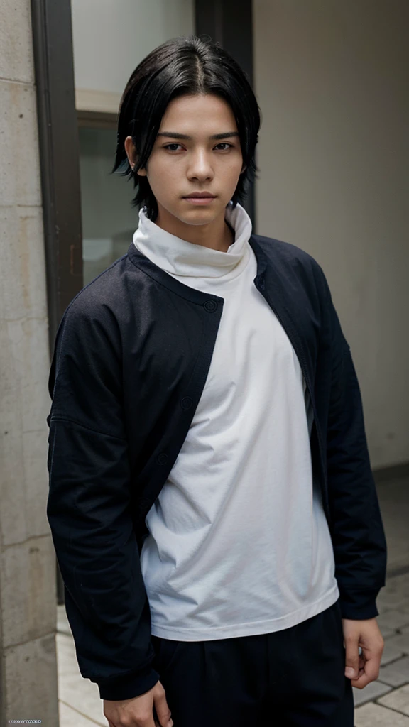 pretty young boy, 12 years old, black hair, dark blue high-neck loose clothing, white bermuda ; like  Sasuke Uchiha from naruto https://animecomics.com.br/animecomics/images/upload/409.jpg
