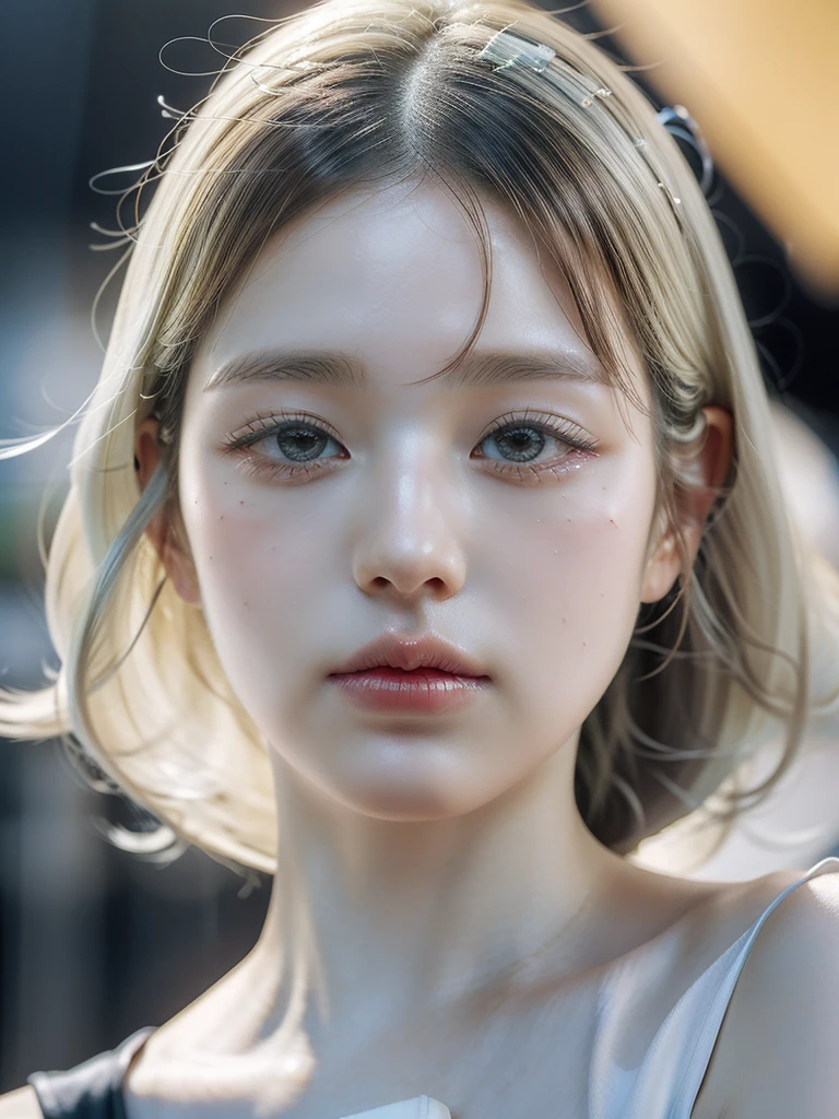 Best Quality, Masterpiece, ultra high resolution, (photorealistic:1.4), photo and gross, 1 girl, exterior, close up, looking at the viewer, black dress, sleeveless, wide, sullyoon and ethereal gray eyes and plump lips albino big lips white hair blonde hair blonde hair!!!