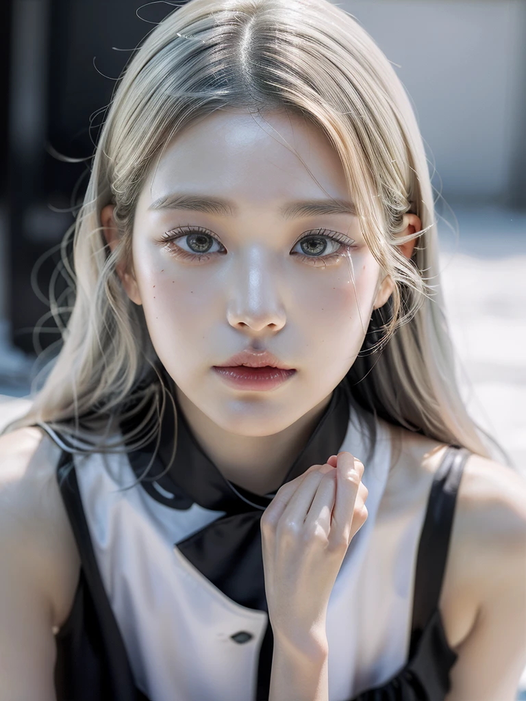 Best Quality, Masterpiece, ultra high resolution, (photorealistic:1.4), photo and gross, 1 girl, exterior, close up, looking at the viewer, black dress, sleeveless, wide, sullyoon and ethereal gray eyes and plump lips albino big lips white hair blonde hair blonde hair!!!