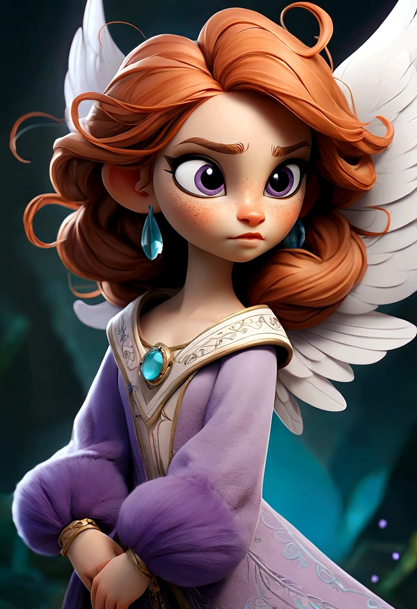 Zeta is a furry mammalian creature with a mix of animal like features about 2-3 feet tall, soft fluffy fur that is a mix of purple, blue and silver hues, zeta has round eyes, long floppy ears with a delicate pink interior, it has a long fluffy tail sparkling with pompom at the end zeta has a small button nose and a smattering of freckles across her cheeks, zeta has a delicate and translucent wings which allows her to fly and maneuver with grace, zeta often wears a shimmering stone that matches her mood.