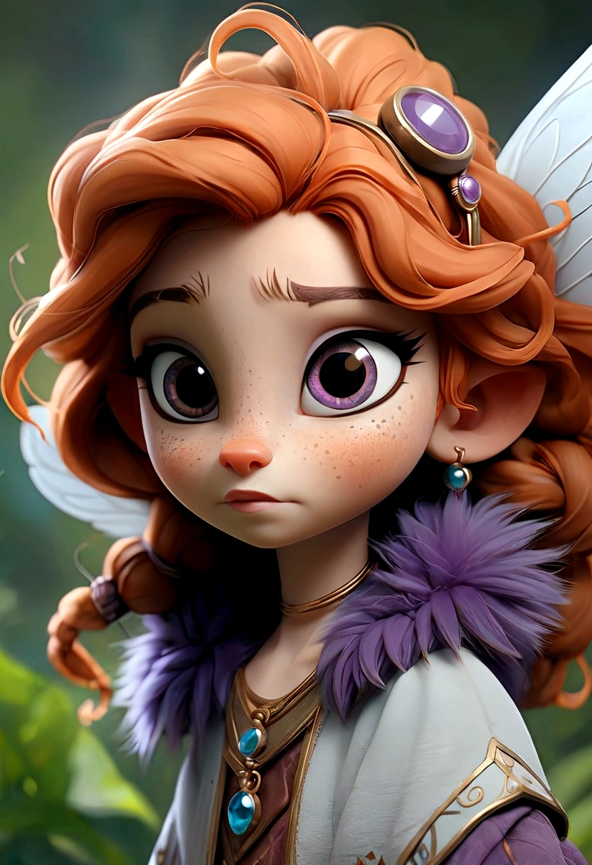Zeta is a furry mammalian creature with a mix of animal like features about 2-3 feet tall, soft fluffy fur that is a mix of purple, blue and silver hues, zeta has round eyes, long floppy ears with a delicate pink interior, it has a long fluffy tail sparkling with pompom at the end zeta has a small button nose and a smattering of freckles across her cheeks, zeta has a delicate and translucent wings which allows her to fly and maneuver with grace, zeta often wears a shimmering stone that matches her mood.
