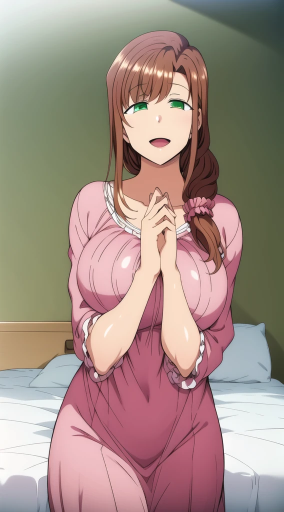 1girl, solo, long hair, looking at viewer, :d, open mouth, large breasts, brown hair, hair ornament, dress, green eyes, scrunchie, own hands together, pink dress, hair over shoulder, hair scrunchie, empty eyes, mature female, nightgown, low ponytail