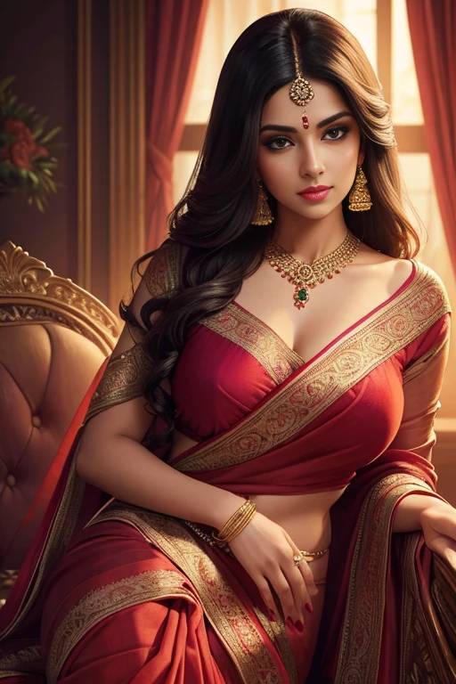 A beautiful woman wearing a traditional Indian saree, elegant and alluring, fluidic curves, long dark hair, mesmerizing eyes, sensual lips, graceful pose, delicate jewelry, lush floral background, warm lighting, intricate textile patterns, rich colors, cinematic composition, dramatic shadows, photorealistic, hyper detailed, oil painting