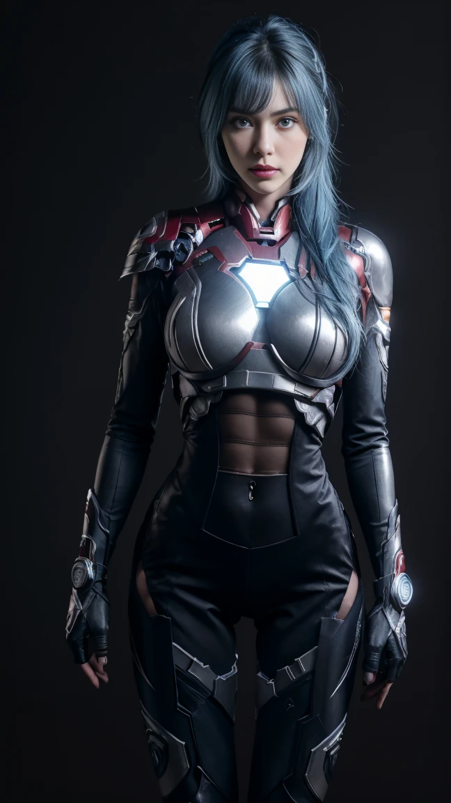 8K, Top Quality, Intricate Details, Ultra Detail, Ultra High Resolution, Masterpiece, close up shot, (full body: 1.1), Slender, Smile, (Makeup: 0.4), (Fluffy Blue Eyes: 1.21), (()), 1girl, solo, 1 girl, ((blue hair, bangs)), close up shot, , ((tall)), (((fit body))), (((slim face))), sharp face, (()) (detailed face), sharp face, small lips, , , dynamic pose,
((, ironman suit, )), , ((,)), detailed face, detailed breast, , ((large breast, huge breast)), detail ass, Narrow Waist, Skinny, tall , 190 cm tall, very tall, Muscular, Navel, Exposed Abdomen, Pointed Chest,, Beautiful girl with accentuated slender abs: 1.4, Six Pack Abs: 1.4, Bust Botox, Big, Perfect Body, detail leg, (( dark background)), black background,big tits