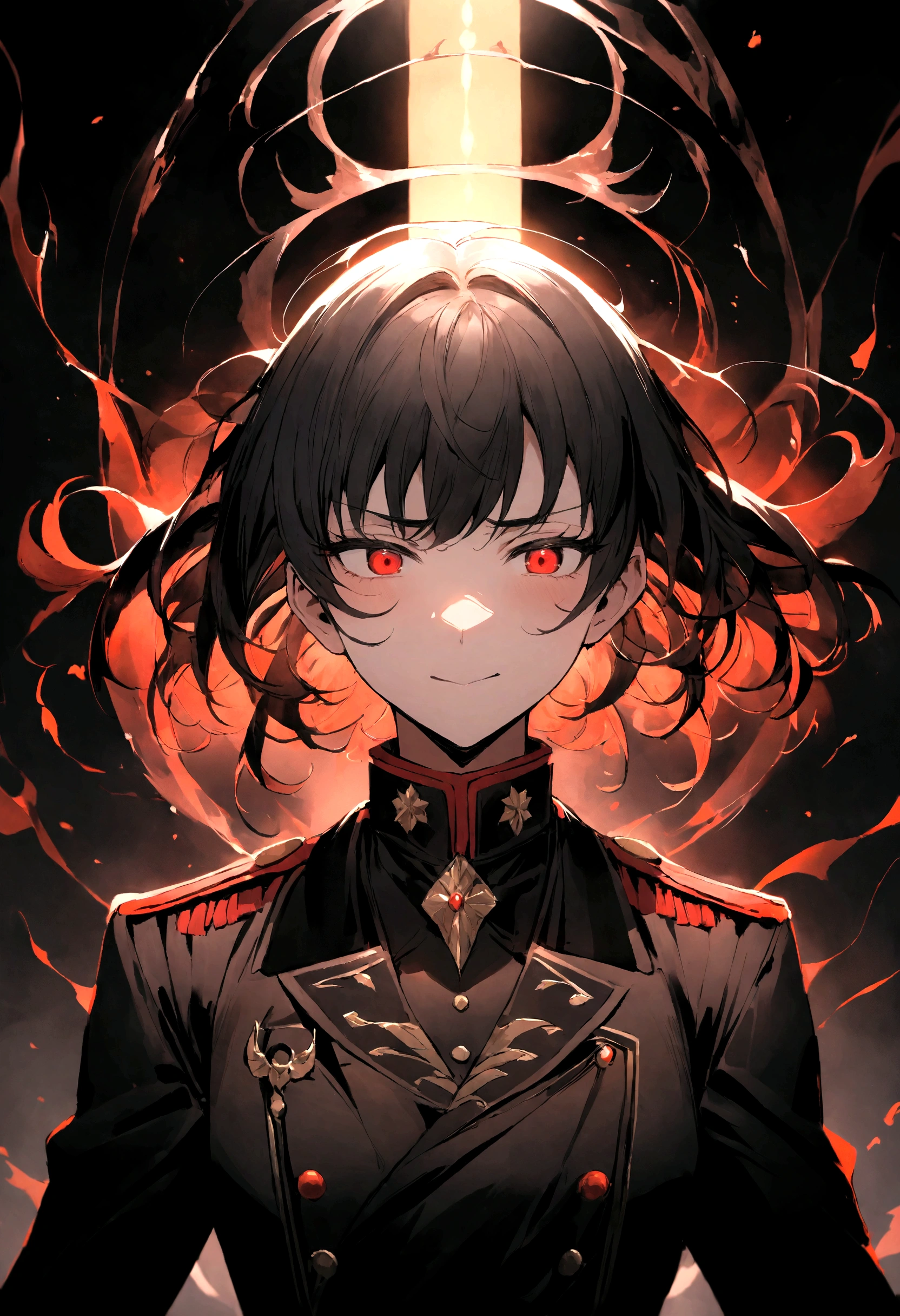 Himiko Toga,anime style,looking at the audience,High level details,reflective transparent iridescent,,waist up portrait,highest quality,Super detailed,sad,Smart,beautiful face,beautiful black light background,rendered text style,laughing like crazy,crazy,murderer,black hair, red eyes, military uniform