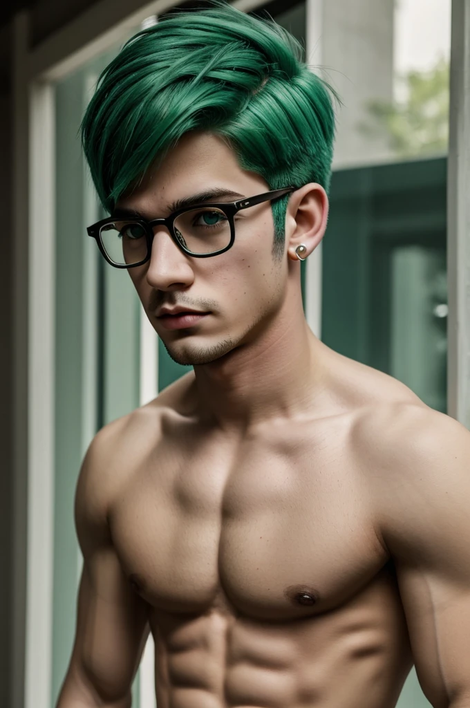 blythe doll boy, white skin, male, glasses, mocaino shorts, green hair, piercing lip, masculine