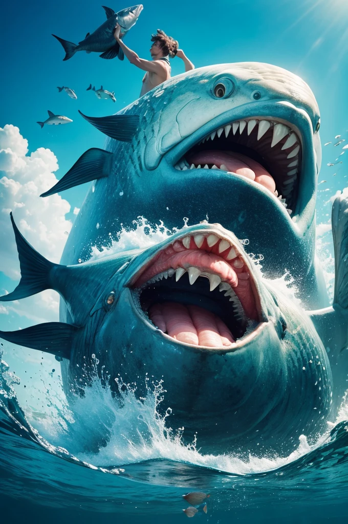 Jonah in the sea being swallowed by the giant fish