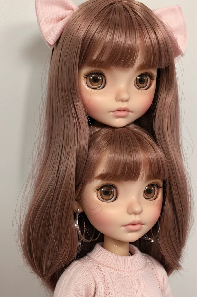 create a blythe doll with copper-colored hair, straight hair, long hair, medium thick bangs, white skin, dark brown eyes, long eyelashes, pink lips, blushing cheeks, blushing nose, with a pink bow in her hair, wearing a sweater white, with round hollow silver hoops.