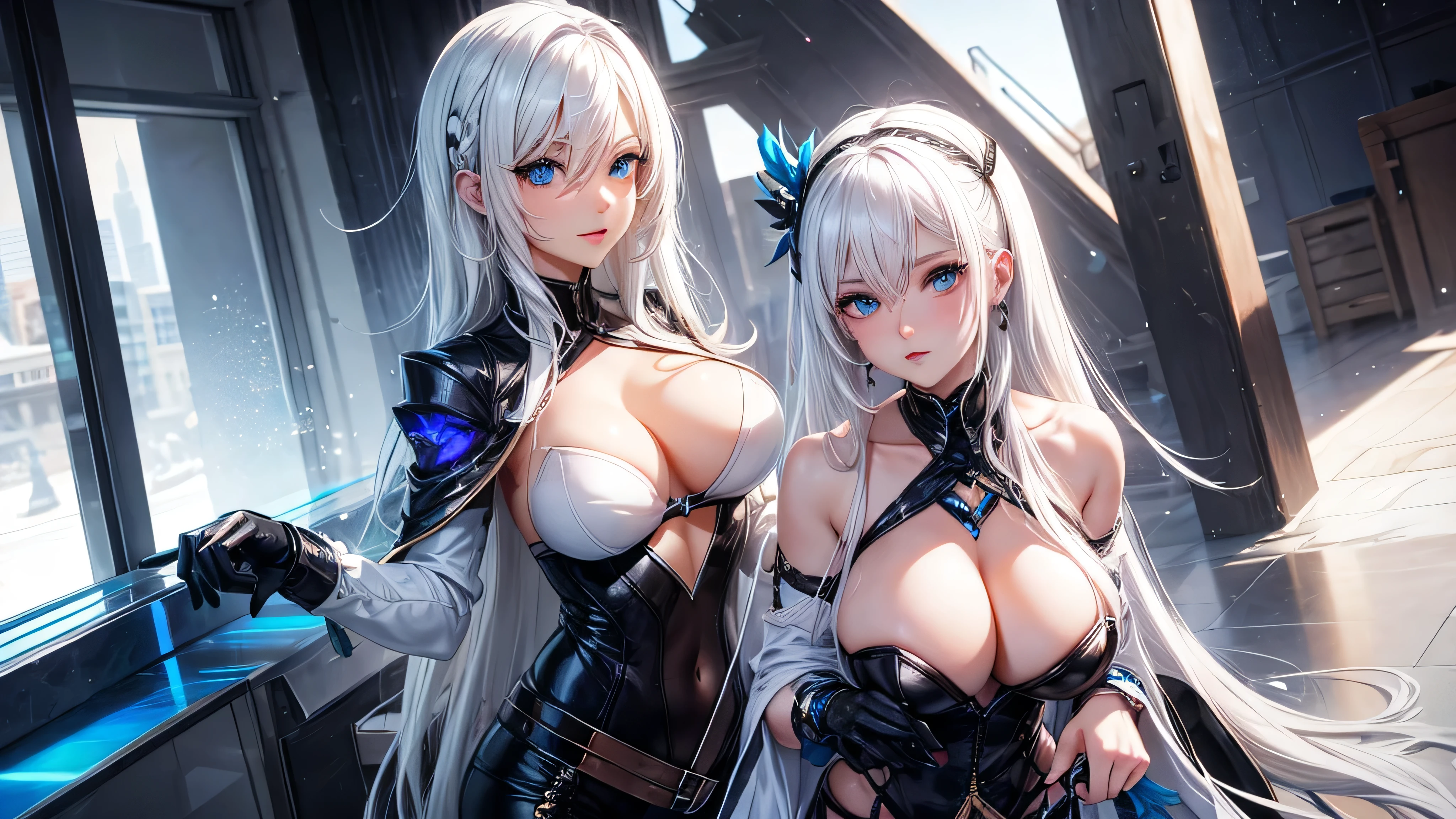 Create a sexy female character with white hair and blue eyes