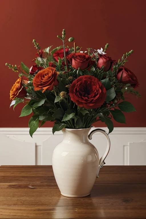 Vase with variety of red flowers with smooth red background