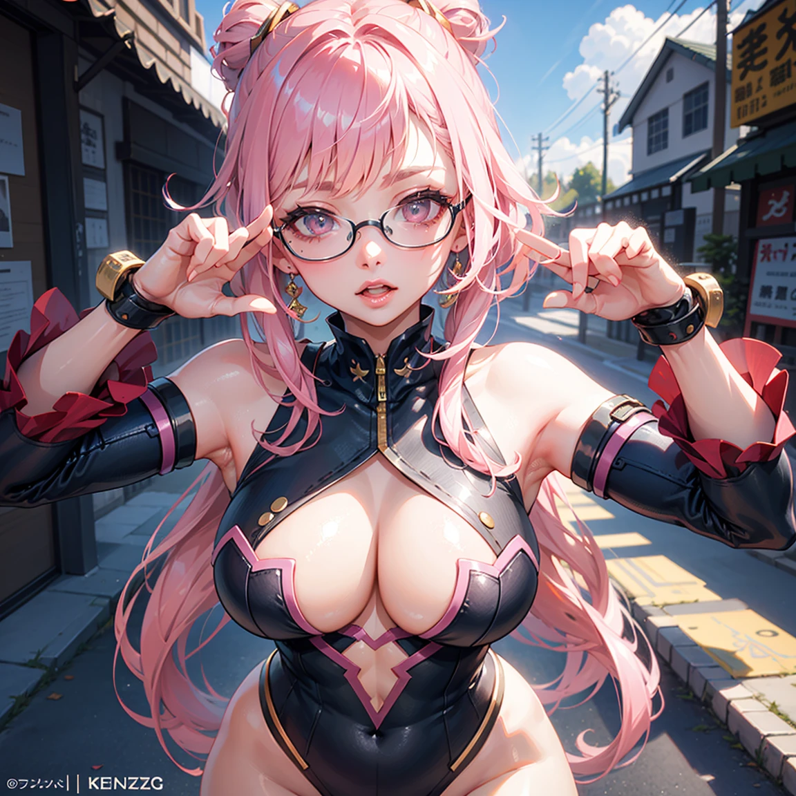 a cartoon of a woman with pink hair and glasses, oppai, biomechanical OPPAI, cushart krenz art key women, I will also make fanart., Ayaka Genshin Impact, , heavy gesture style closeup, genshin impact keqing, Extremely detailed artistic germ, top rated on pixiv, Thick