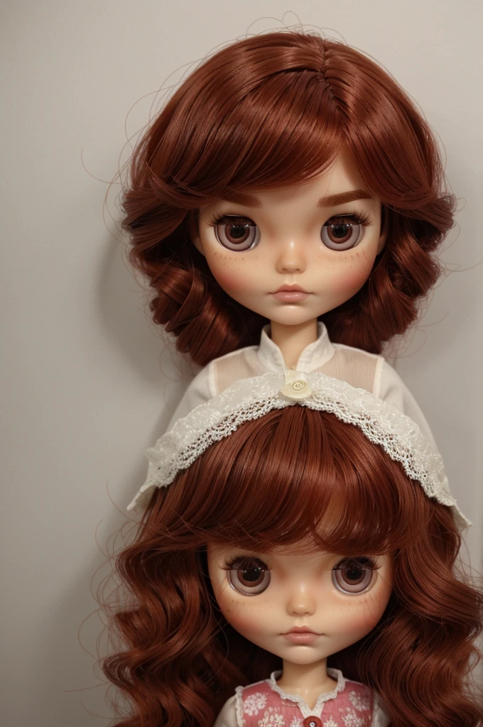 Make me a Blythe doll red, wavy hair without a pompadour and medium short hair with light brown skin color with medium thick eyebrows, and long eyelashes