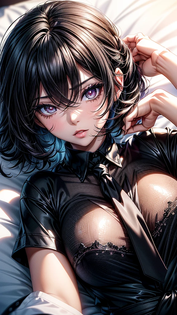 (masterpiece)(8k)(cute)(25-year old woman)(1girl:1.5)(solo:1.8)(lying on the bed:1.5)(from above:1.5)(wild hair:1.3)(short hair:1.3)(black brown hair)(shiny hair:1.2)(hair over one eye:1.5)(hairbun:1.2)(flat chest:1.3)(black pupils:1.4)(glossy skin:1.4)(glossy lips)(dark, glossy eye-shadow:1.5)(dark eyelashes:1.4)(white office shirt:1.6)(long black necktie:1.4)(black panties:1.3)(piercing:1.2)(seductive pose:1.3) rossdraws pastel vibrant, rossdraws cartoon vibrant, style anime 8k, beautiful portrait, artgerm colorful!!!, ! dream artgerm, beautiful anime girl, styled digital art, art wallpaper 8k, digital art, extremely detailed artgerm,