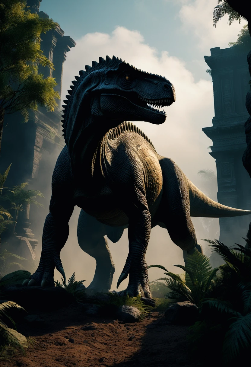 a detailed dinossauro anquilossauro, highly realistic, extremely detailed, 8k, photorealistic, cinematic lighting, volumetric fog, hyper detailed scales, intricate bone structure, armored plates, menacing expression, prehistoric environment, lush foliage, ancient ruins, dramatic shadows, warm color palette