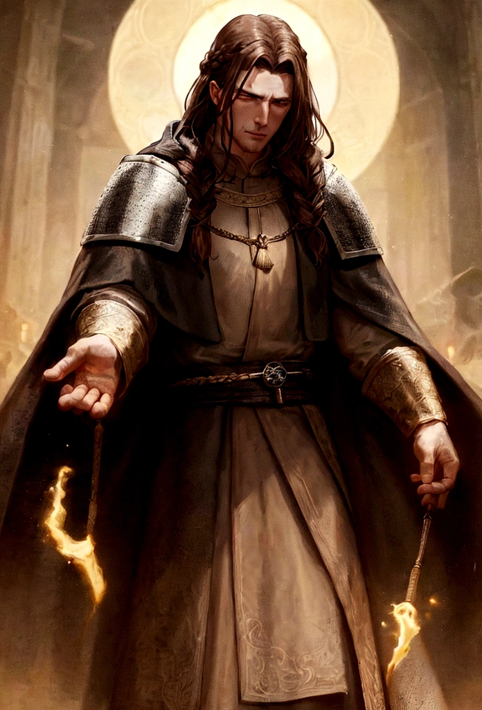 elden ring, portrait art, young man in robe, sorcerer, half a turn, brown hair with waist-length braid, no beard, medieval era fantasy