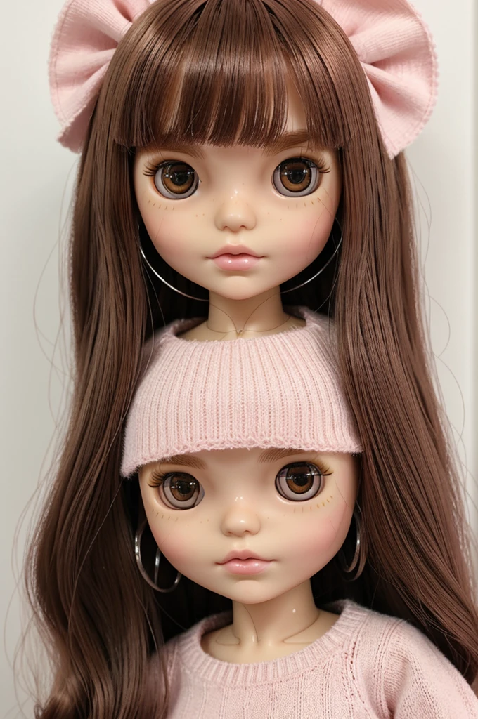 create a blythe doll with copper-colored hair, straight hair, long hair, medium thick bangs, white skin, dark brown eyes, long eyelashes, pink lips, blushing cheeks, blushing nose, with a pink bow in her hair, wearing a sweater white, with round hollow silver hoops.