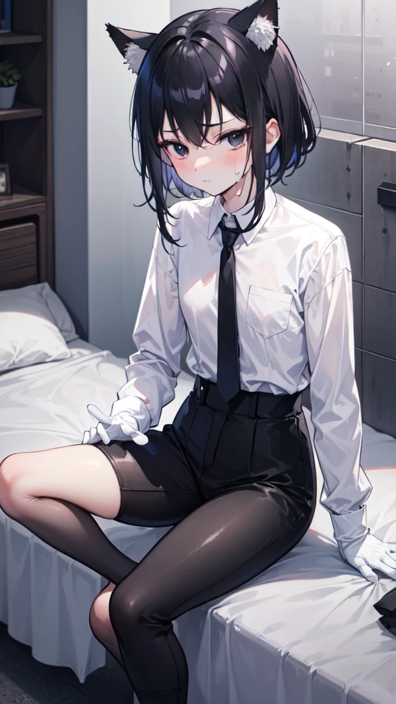 18-year-old Shota，cute，Wear a white long-sleeved shirt and a black work tie，Wear black pants，Wear black booties，Wear white gloves，wear cat ear，Black hair，Black eyes，Very thin waist，Very thin legs，Handsome，Disdainful and cold expression，shy，blush，Sweating，porn，Is giving sexual assault，Glove removal action