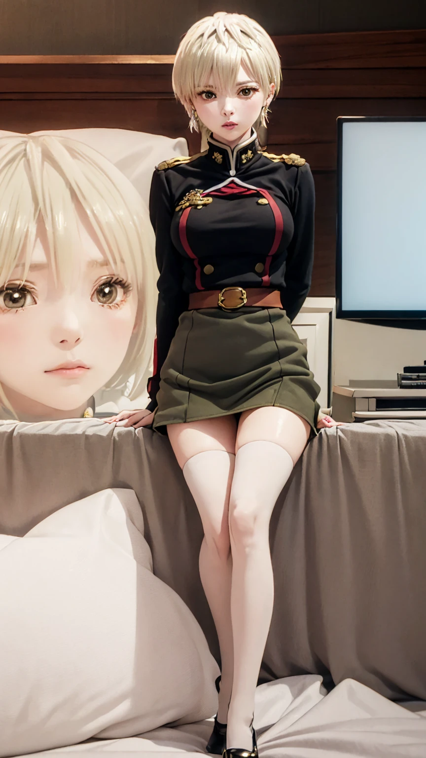 (masterpiece: 1.3), (Maximum resolution: 1.2), (Ultra HD TV: 1.2), Cinematic Light, 8K resolution, Detailed facial features , (Sharp focus: 1.2）,Perfect Style, Beautiful Face, Acura, Anatomically correct, Highly detailed face and skin quality感, Beautiful Eyes,ThroughｋBright Eyes,  Natural Cheeks, Glowing Skin,  (Glossy Lips: 1.4),、 (A shameful expression: 1.2),Highly detailed face and skin quality, Natural Cheeks, , Glossy Lips,Exposed cleavage、（White mucus on chest:1.6）（White mucus on thighs:1.6）、 blush、Humiliating、shame、Please open your knees、dissatisfaction、anger、tears、sorrow、Glaring at the camera、Spread your legs、、Sparkly little earrings and necklace、Disheveled clothes、stockings、Drenched in sweat、stockings 、Long Hair、32 years old, Clean woman,1 person、 first class cabin、On the bed(On my back, Lying down in bed, Lying down in bedいる, Lying down, White sheets:1.3)、blonde、Blonde、Blue-gray eyes、Green-gray eyes,(Tight mini skirt military uniform:1.4)、scarf、dissatisfaction、Masturbate、Beautiful nipples exposed、Soft Breasts、Lift the hem of a skirt、Knee Up