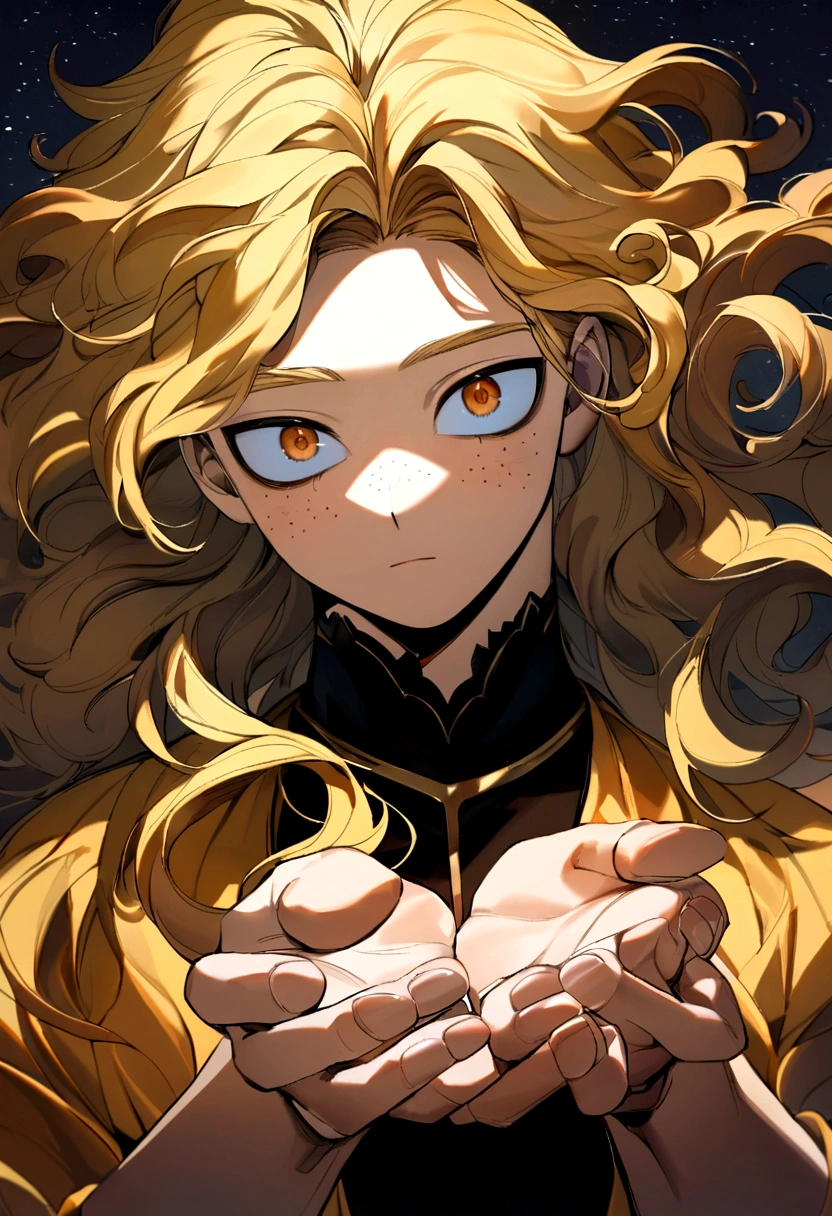 A 16 year old boy, blonde hair with the tips a slightly darker shade like orange. pale skin, natural star-shaped freckles, tousled and wavy hair, big eyes blue like the night sky. with the style of boku no hero academia, and let stars come out of their hands.