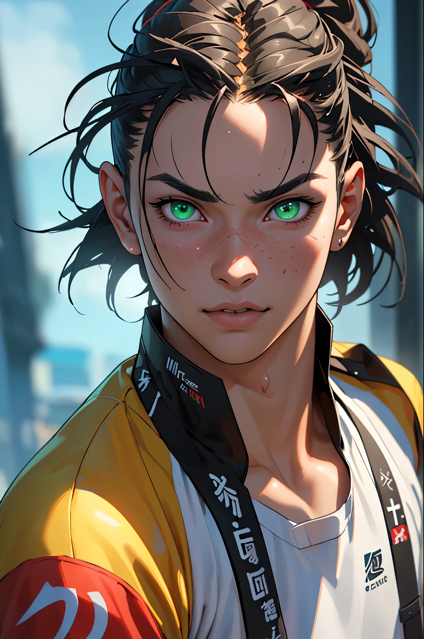 a portrait of Taekwondo fighter depictpedin a fightstance,extremely detailed facial features,beautiful detailed green eyes,beautiful detailed lips,extremely detailed face and features,long eyelashes,per,kyoto animation style,high quality,ultra-detailed,realistic,photorealistic,photo-realistic,hdr,uhd,studio lighting,ultra-fine painting,sharp focus,physically-based rendering,extreme detail description,professional,vivid colors,bokeh,concept art
