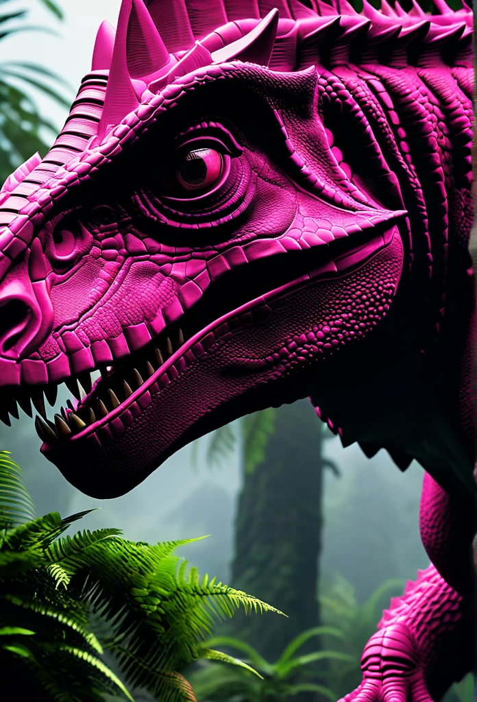 a detailed dinossauro (((anquilossauro skin pink))), highly realistic, extremely detailed, 8k, photorealistic, cinematic lighting, volumetric fog, hyper detailed scales, intricate bone structure, armored plates, menacing expression, prehistoric environment, lush foliage, ancient ruins, dramatic shadows, warm color palette