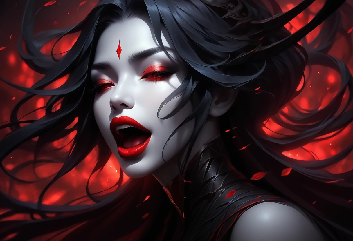aesthetic, beautiful color, (amazing quality:1.5), drow woman, red eyes, mouth open, mouth closed.