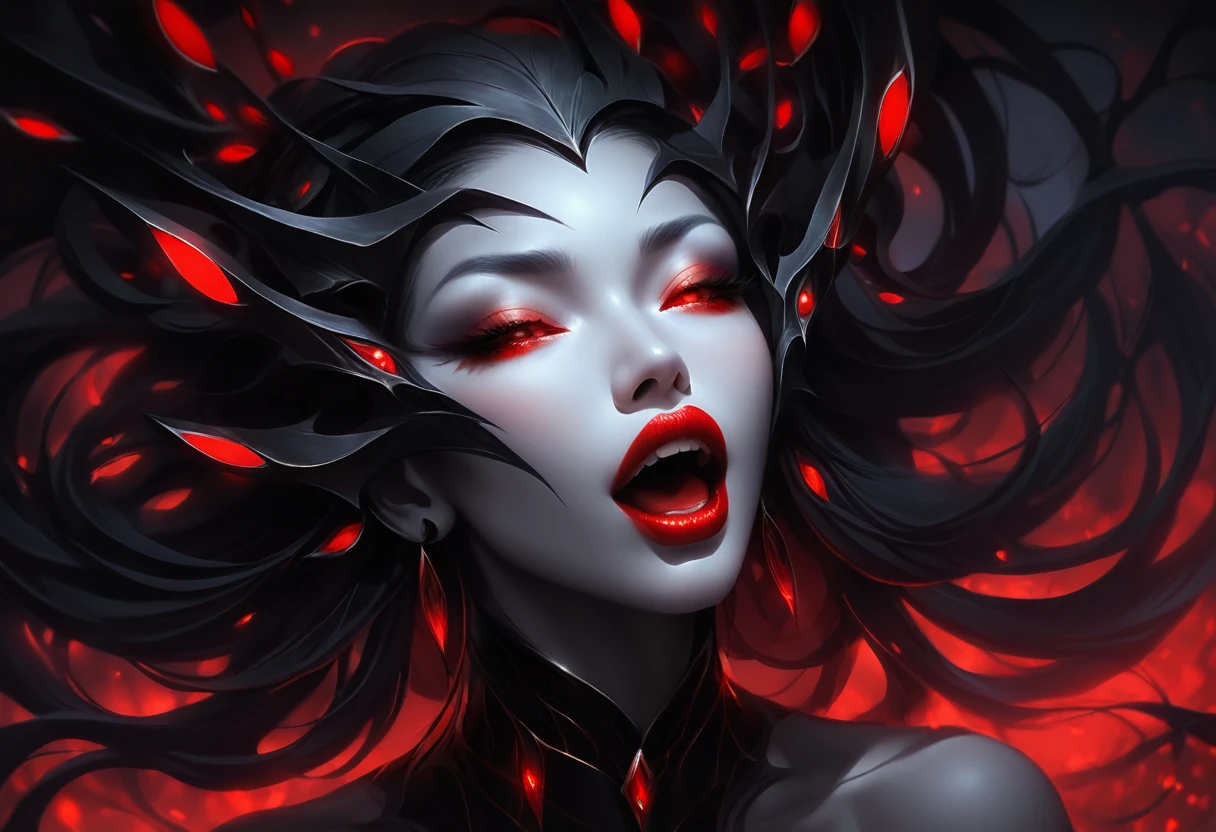 aesthetic, beautiful color, (amazing quality:1.5), drow woman, red eyes, mouth open, mouth closed.