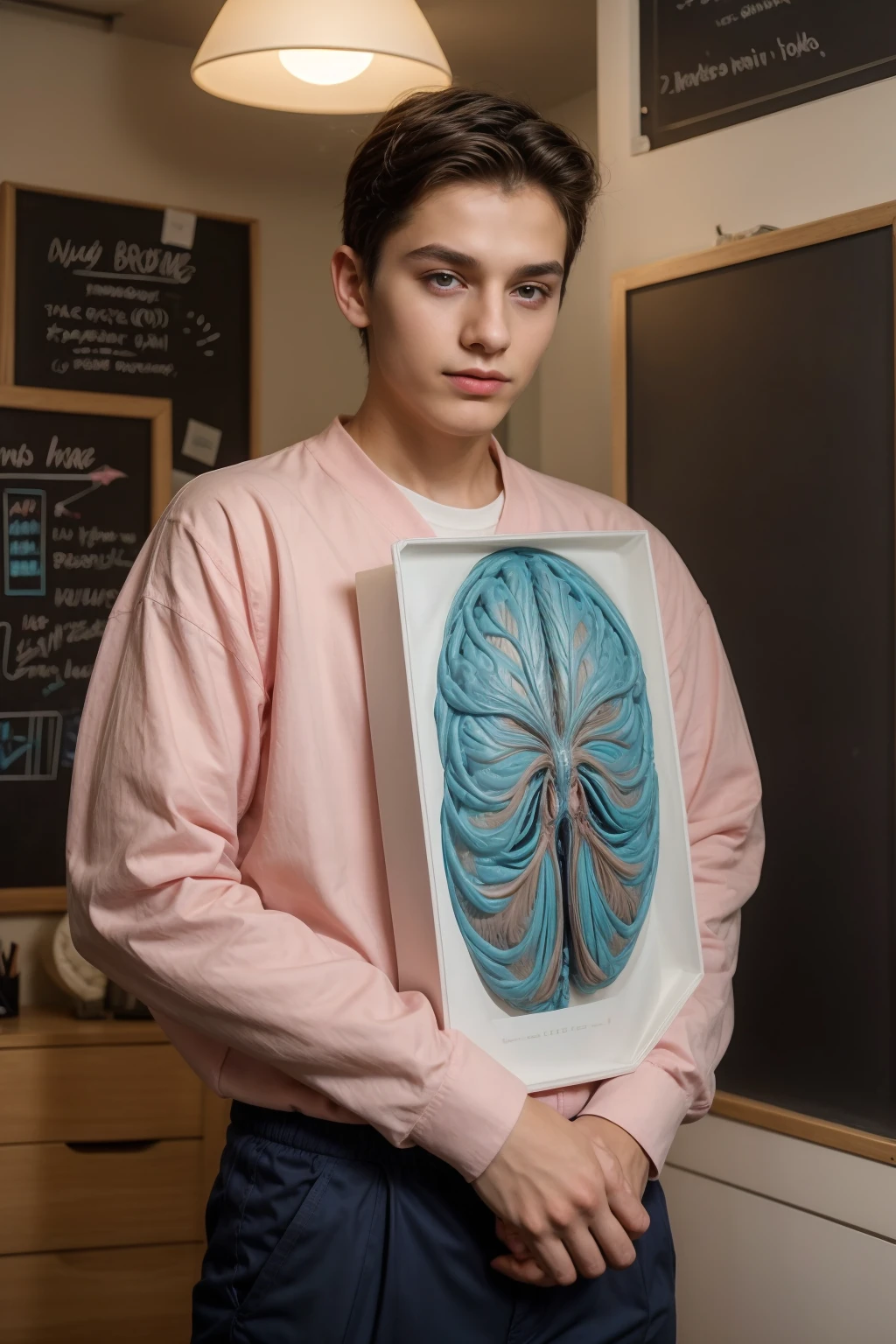 A beautiful young male twink, cute, with black hair and a face with reddish makeup, wearing a bright white long-sleeved shirt and aqua blue pants. He is in his office, and behind him is a blackboard on which is written the shape of the brain and its anatomy, and nuclear energy comes out of it, and he has a face with makeup and Pink cheeks.