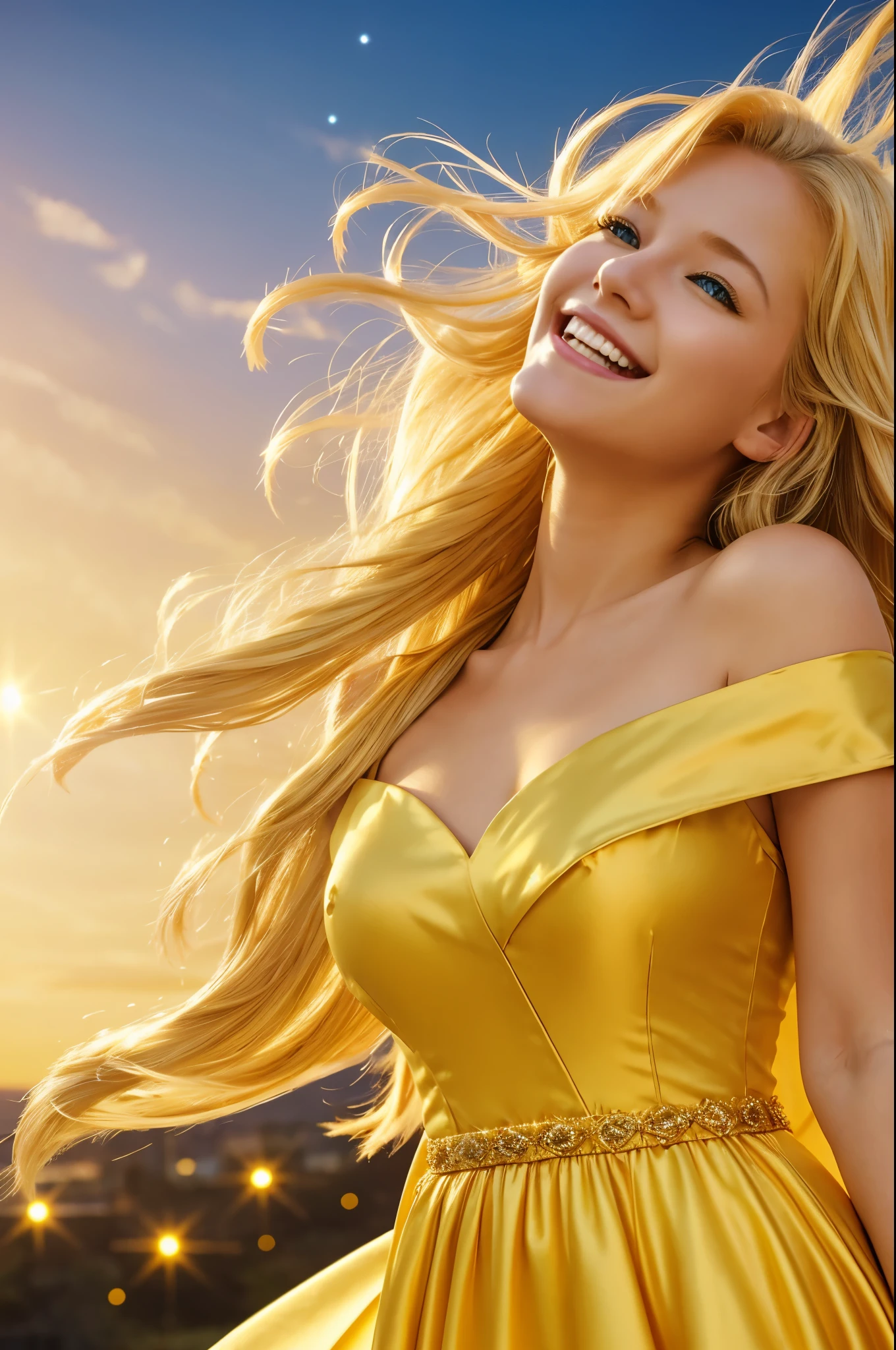 a beautiful blonde girl with flowing golden hair, yellow eyes, wearing a golden imperial dress with a deep neckline, anime style, against a bright sky background with twinkling lights, dynamic angle, arrogant laughter