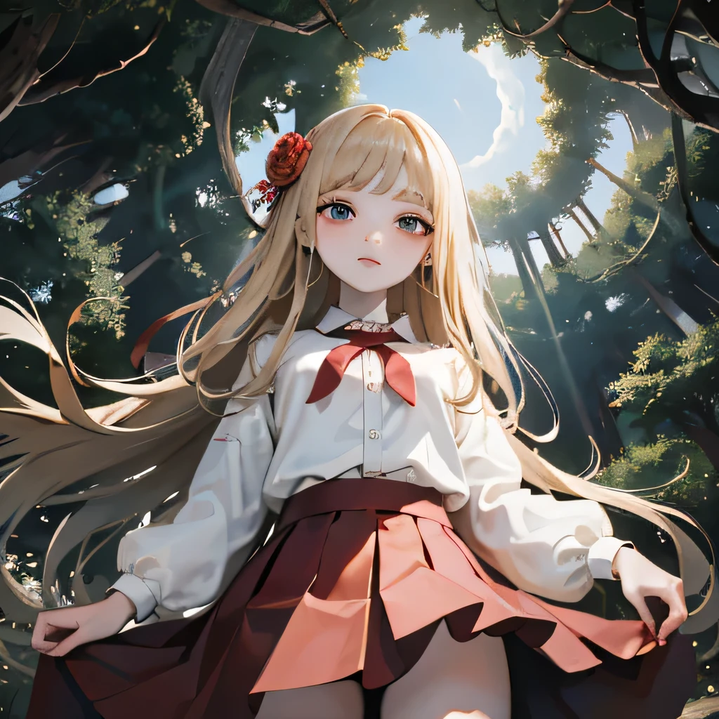 masterpiece, Highest quality, 8k wallpaper, Very detailed, A girl about 12 years old, Golden Hair, Long Hair, fine grain、Red Skirt、 White dress shirt,Red flower hair ornament、Light blue eyes、Expressionless、A shot looking up from below、Lift up the skirt、in the forest、(it&#39;s raining)、whole body