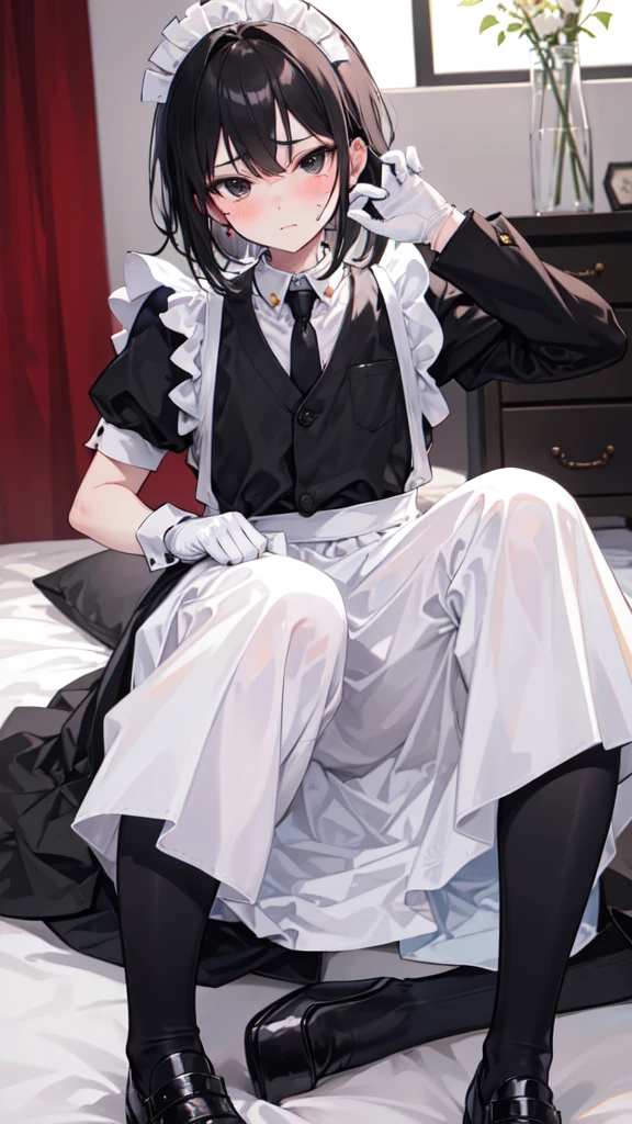 18-year-old boy,cute,Wear the maid outfit and a black work tie,Wear black pants,Wear black booties,Wear white gloves,Black hair,Black eyes,blush,sweat,porn pose
