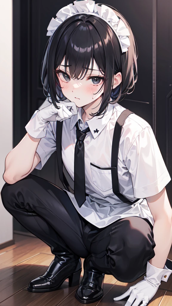 18-year-old boy，cute，Wear the maid outfit and a black work tie，Wear black pants，Wear black booties，Wear white gloves，Black hair，Black eyes，blush，sweat，porn pose