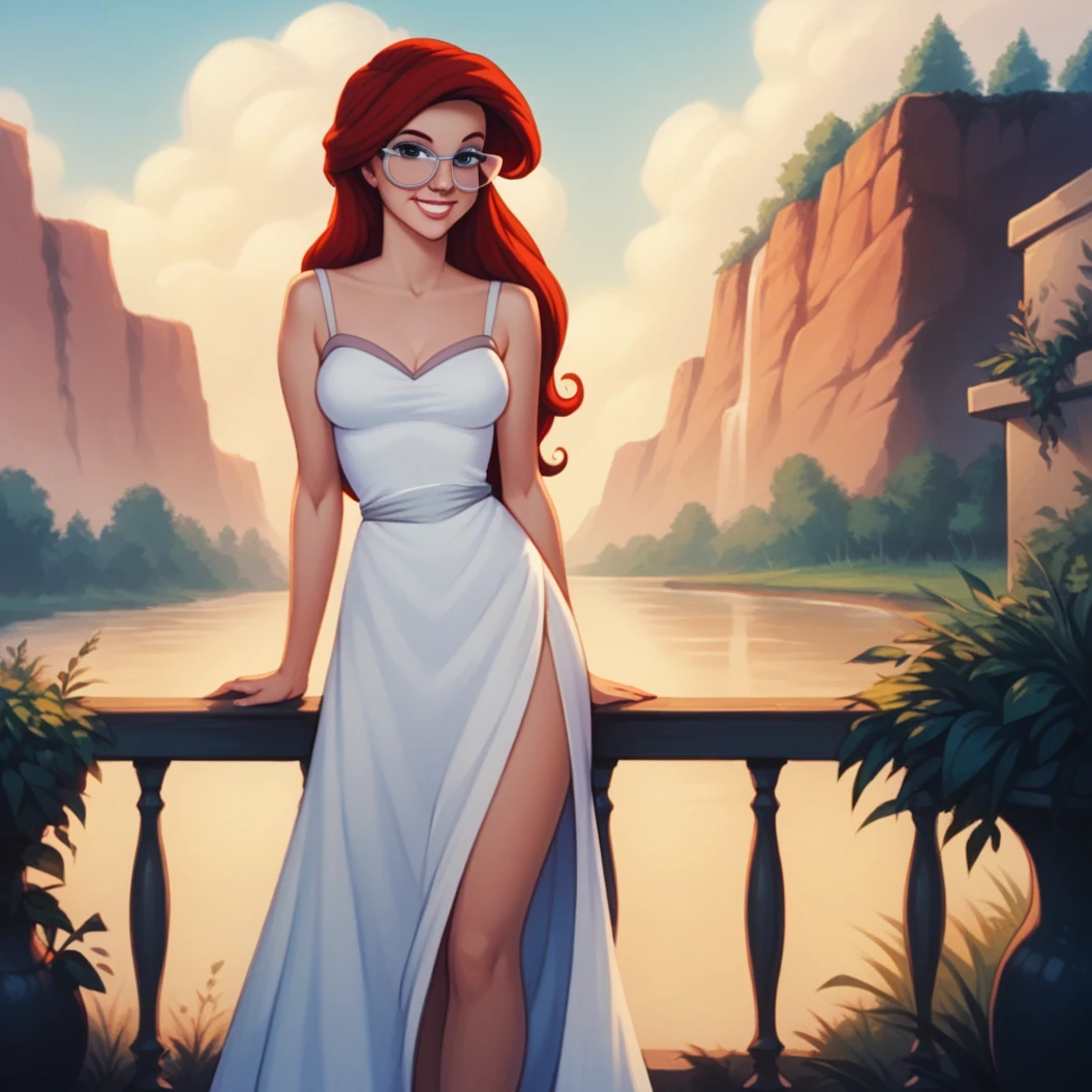 score_9, score_8_up, score_7_up, score_6_up, score_5_up, score_4_up, (Source furry), (rating safe), outside, standing, glasses, Ariel, human, detailed, detailed fur, front view, white panties, Marilyn Monroe dress, long dress, 1girl, solo, dress, pantyflash, smile flirty, showing bare legs,