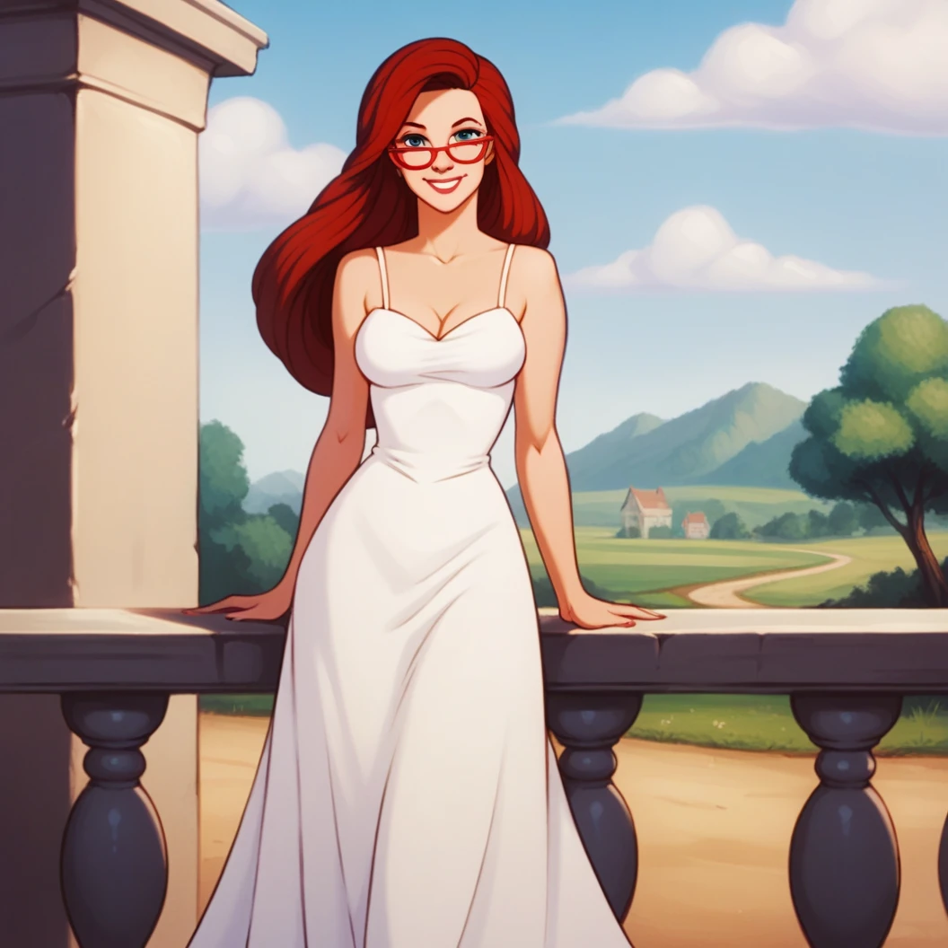 score_9, score_8_up, score_7_up, score_6_up, score_5_up, score_4_up, (Source furry), (rating safe), outside, standing, glasses, Ariel, human, detailed, detailed fur, front view, white panties, Marilyn Monroe dress, long dress, 1girl, solo, dress, pantyflash, smile flirty, showing bare legs,