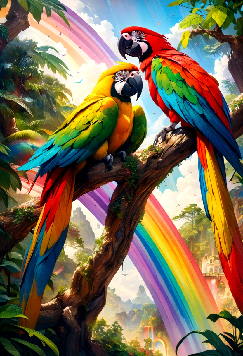 a beautiful parrot on a tree, parrot singing, vibrant feathers, SNES style painting, rainbow, colorful, detailed, intricate, bright, vivid colors, oil painting, dynamic composition, nature, lush foliage, photorealistic, highly detailed, masterpiece, 4k, best quality