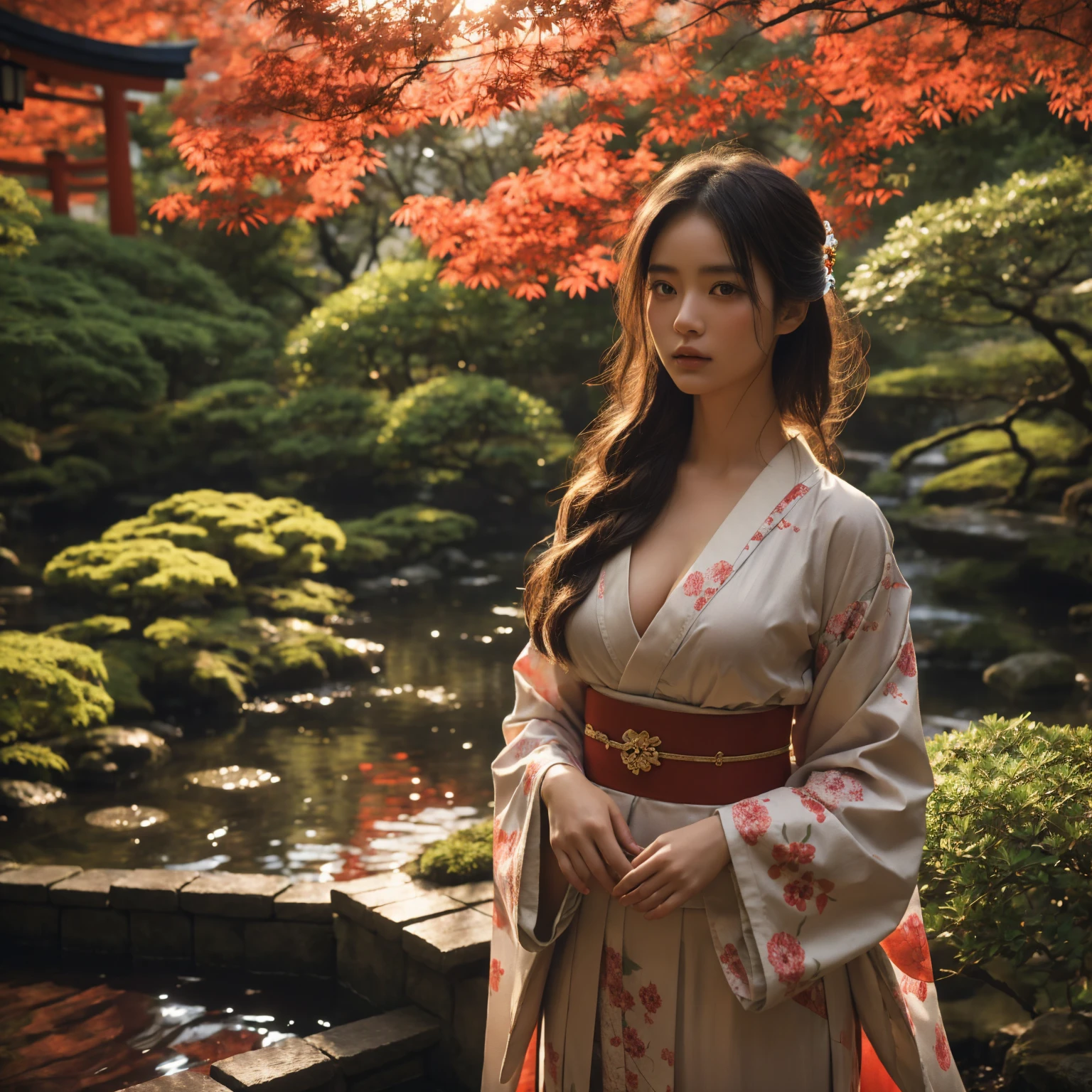 1 beautiful japanese shrine maiden in a japanese garden,extremely detailed face and eyes,extremely detailed skin,large breasts,looking at viewer,traditional japanese clothing,kimono,dark lighting,mystical,cinematic,photographic,hyper realistic,4k,high quality