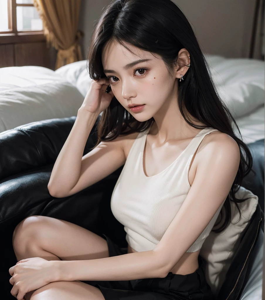 ((((absurdres, RAW photo, extremely delicate and beautiful, masterpiece, Best Quality, ultra high resolution, 32k, hyperrealistic, realistic, photorealistic, photo-realistic, ultra-detailed)))), in her 20s, very Slim body, narrow waist, very small head, very small face, delicate facial features, beautiful face, beautiful eyes, very huge round tits, medium hair, black hair, tearful mole, earring, ((full body shot)), shirt, cargo pants, sleeveless,