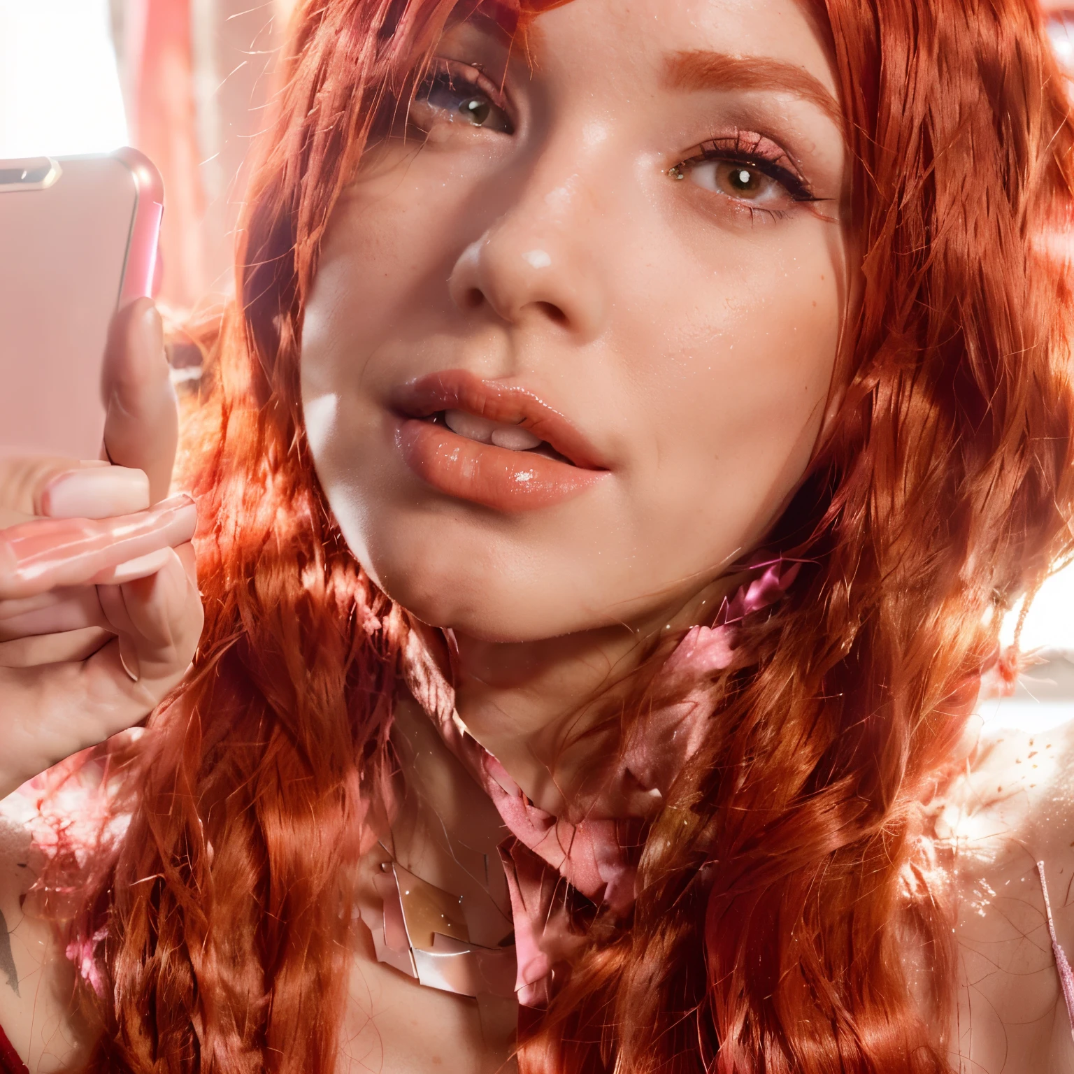 arafed woman With red hair and pink lipstick taking a selfie, With red hair, profile picture, red lipstick on face, Red color, with pink hair, light red lips, with professional makeup, pink and orange, bright pink face, red wig, with long red hair, coral brown hair, pink and red color style, faint red lips with kitten ears