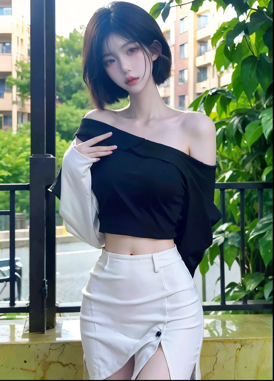 Beautiful woman with perfect figure:1.4,Ultra-high resolution,Put your hands behind your back,Snow background,(Realism:1.4),perspective,Layered hairstyle,Snow white skin,JK:1.5,Super short pleated skirt,whole body:1.4,Very delicate and skin texture,Double eyelids,Skin Whitening,Long hair,White hair