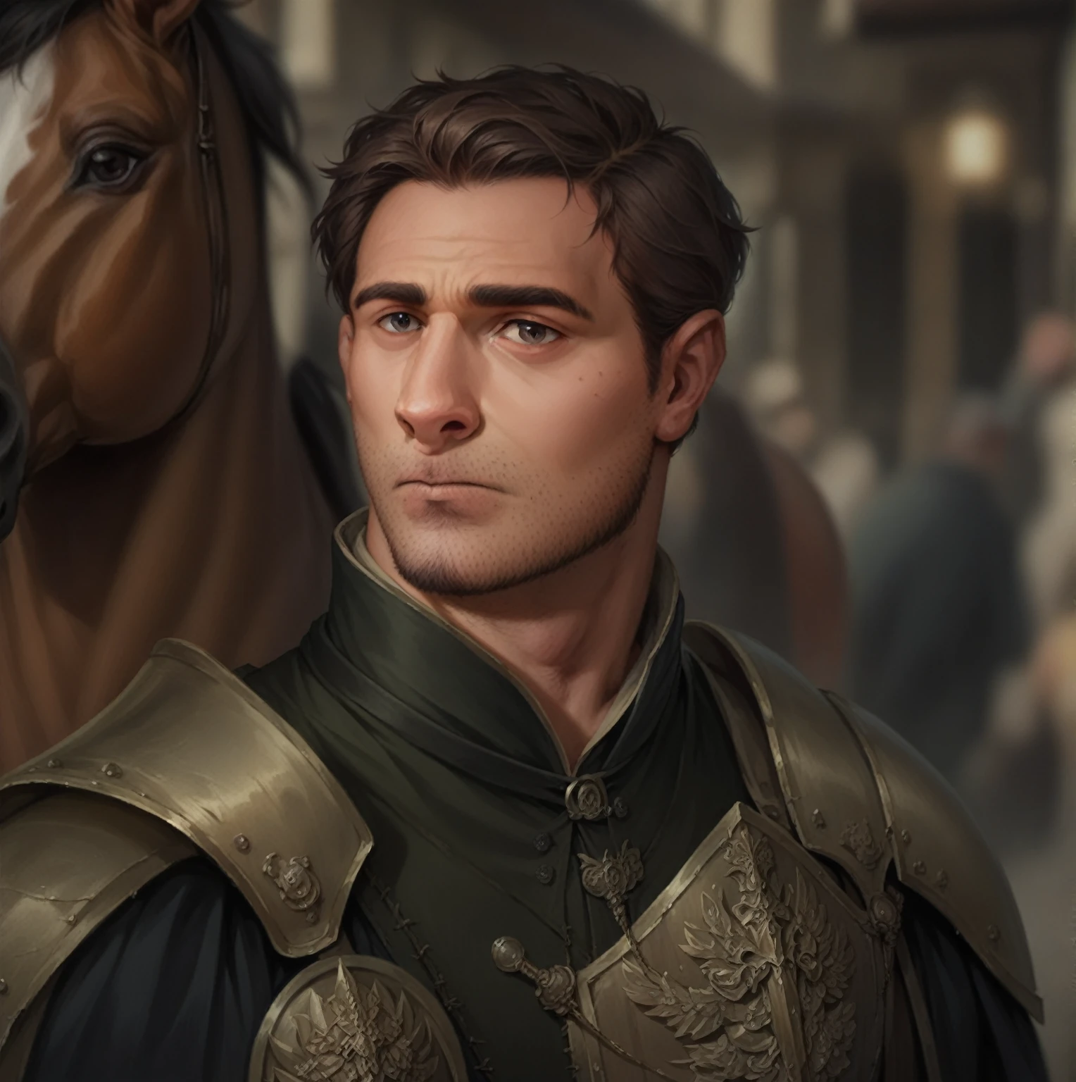 highly detailed analog photo of a noble (man), solo, 1boy, jewelry, short hair, closed mouth, male focus, blurry, facial hair, portrait, stubble beard, military embroidered vest, horse, shoulder armor, (realistic:1.3) (blurry background:1.1), (medieval street:1.2) masterpiece, best quality, 8k, motion blur, intricate details, depth of field, (analogue photography:1.1), (natural light:1.4), as photographed by richard avedon,