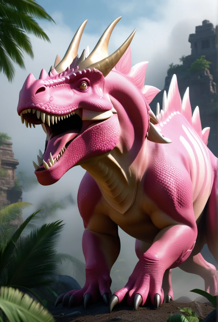 a detailed dinossauro (((anquilossauro skin-pink))), highly realistic, extremely detailed, 8k, photorealistic, cinematic lighting, volumetric fog, hyper detailed scales, intricate bone structure, armored plates, menacing expression, prehistoric environment, lush foliage, ancient ruins, dramatic shadows, warm color palette