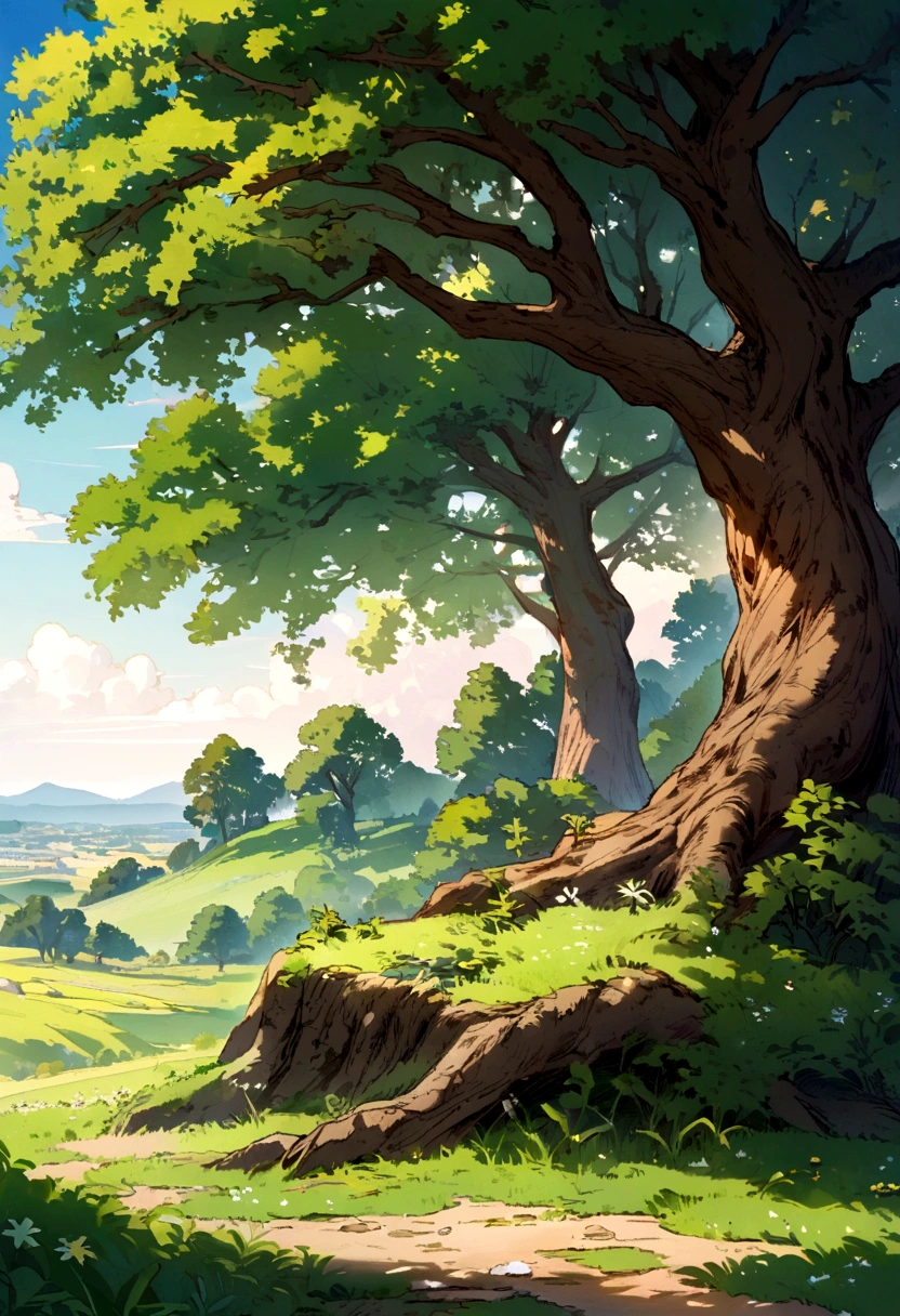 Oak against the background of a summer landscape
